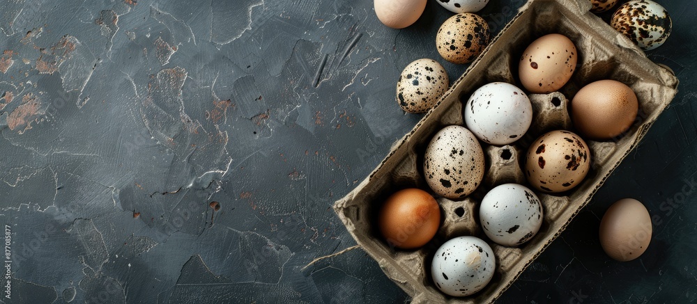 Poster A box with chicken and quail eggs placed on a dark background, with ample copy space image incorporated.