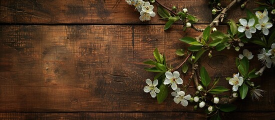 Fototapeta premium A branch with spring flowers displayed on a wooden backdrop, providing a charming copy space image.