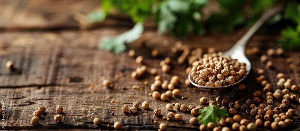 Poster Close-up view of dry coriander seeds in a spoon on a wooden background with selective focus, perfect for a copy space image.