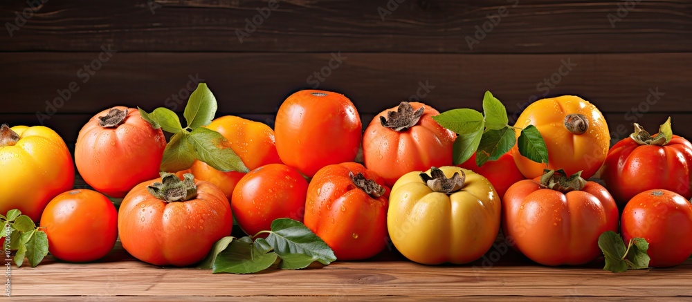 Poster a succulent ripe orange persimmon displayed on a rustic wooden surface among various persimmon varie