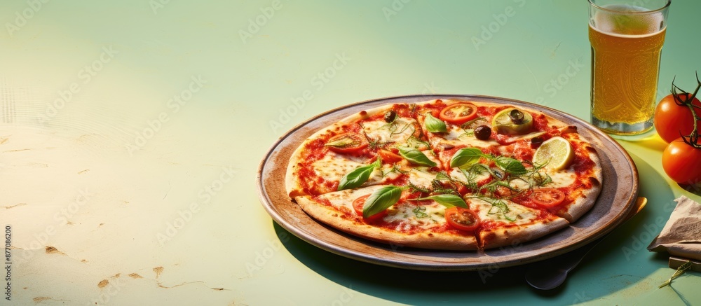 Poster pizza margarita on a plate over a light textured background with copy space image.