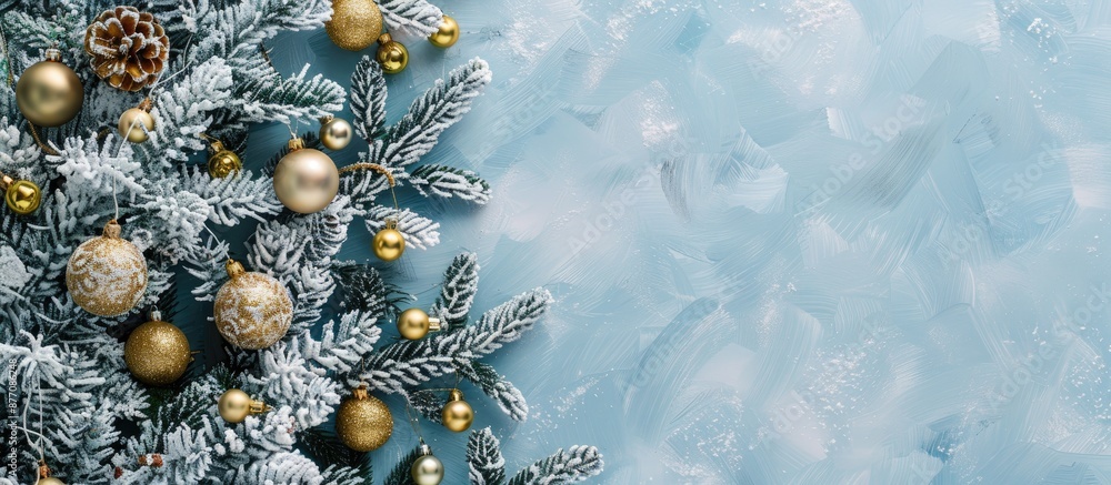 Poster festive christmas background featuring a snowy fir tree adorned with golden and silver decorations o