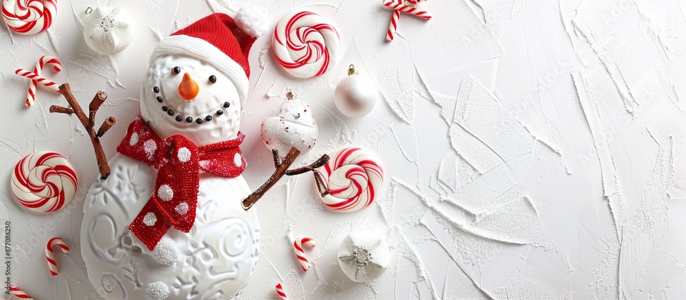 Poster christmas greeting card featuring a snowman and candy on a white backdrop with room for additional i