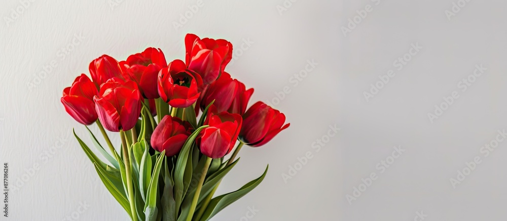 Fototapete elegant arrangement of red tulips in a vase on a white background with copy space image.