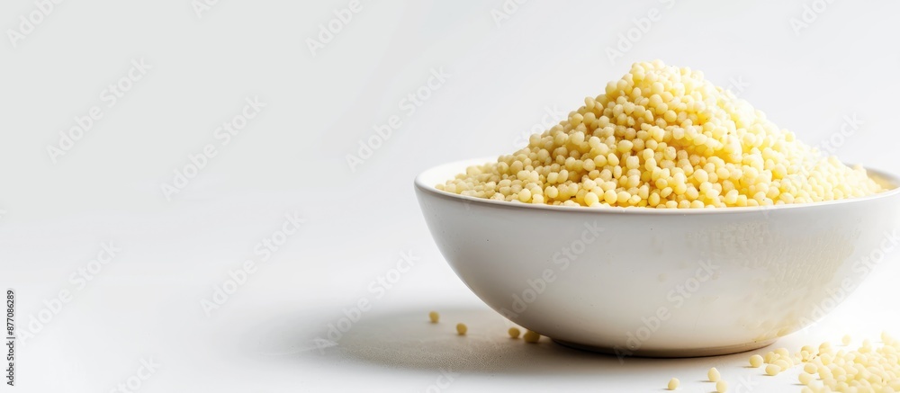 Poster white ceramic bowl with dry couscous against a bright white background, shown in a soft light and an