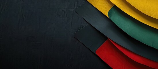 Abstract flag colors of red, yellow, and green displayed on a black paper background for celebrating African American history month with copy space image.