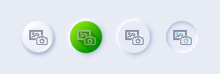 Photo camera line icon. Neumorphic, Green gradient, 3d pin buttons. Image photography sign. Picture placeholder symbol. Line icons. Neumorphic buttons with outline signs. Vector