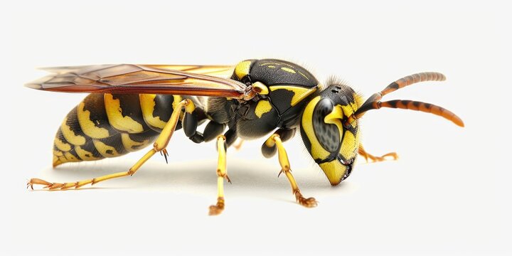 A detailed view of a wasp sitting on a white background, ideal for use in educational or scientific contexts