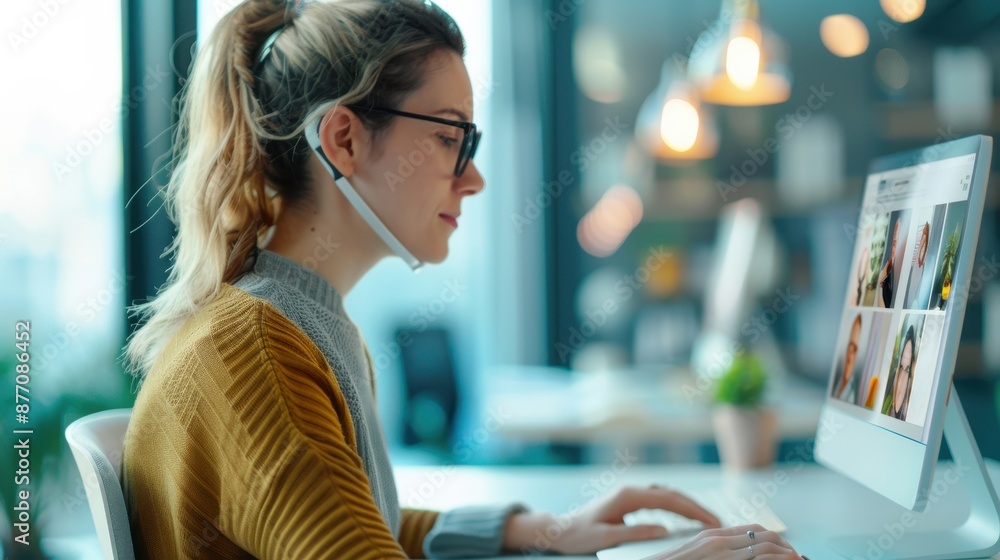 Poster remote worker on a video call with multiple participants, connected and engaged.