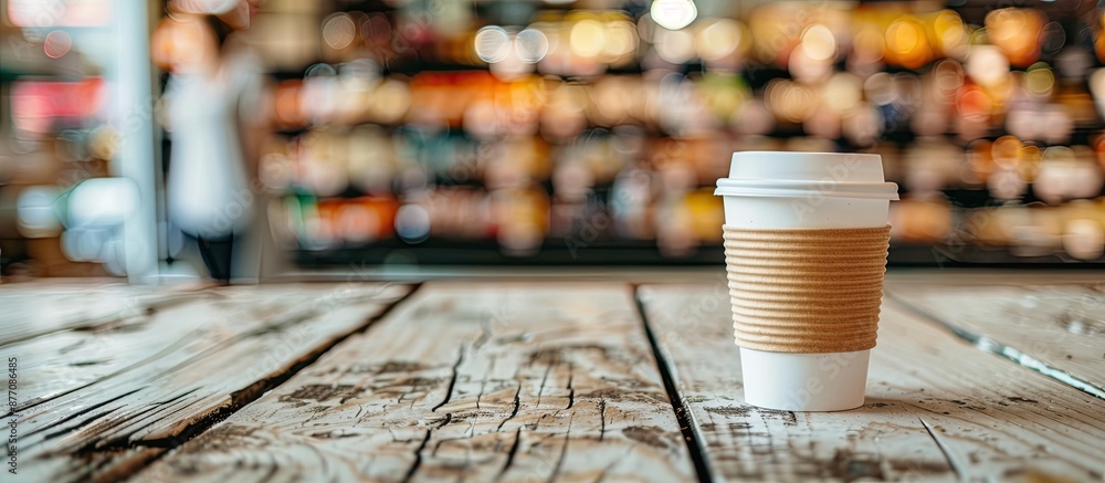 Poster coffee cup on wooden table at a grocery store with copy space image.