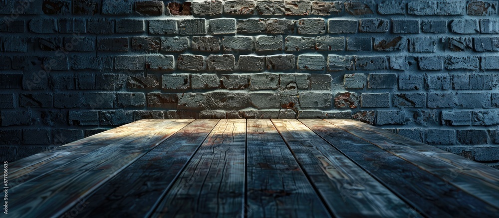 Poster contemporary table positioned by a dim brick wall, offering a backdrop for a copy space image.