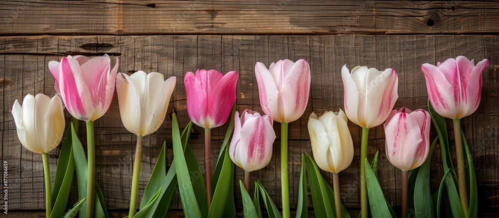 Poster pink and white tulips displayed on a wooden background with copy space image available.