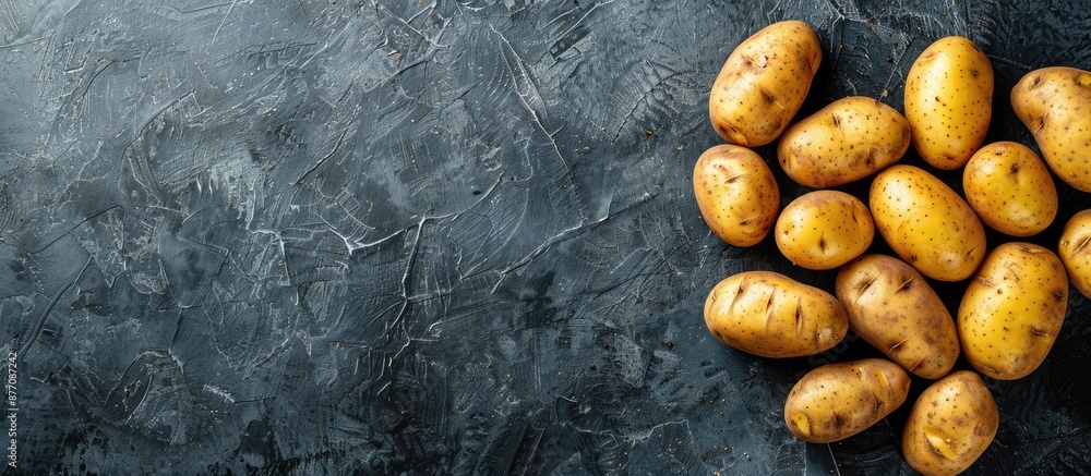 Aufkleber Fresh potatoes arranged on a weathered concrete surface, highlighting a food background with ample copy space in a top-down view.