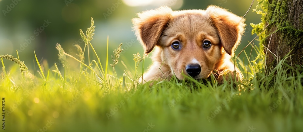 Poster A charming Hovawart puppy with a cute and curious expression gazes at the camera against a white backdrop, making it an adorable choice for a banner with copy space image.