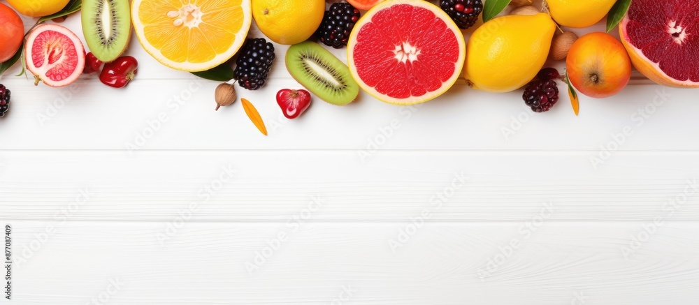 Poster flat lay composition of exotic fruits on a white wooden backdrop, offering ample copy space image.