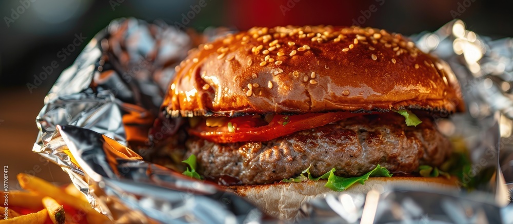 Aufkleber macro shot of a large beef burger in foil packaging with copy space image.