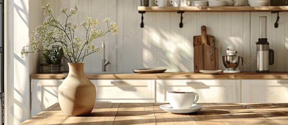 Poster a scandinavian-style kitchen studio in a bright house with a vase and a cup of coffee on the table, 