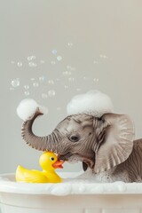  An elephant in a bathtub holds a rubber ducky in its trunk, emitting bubbles