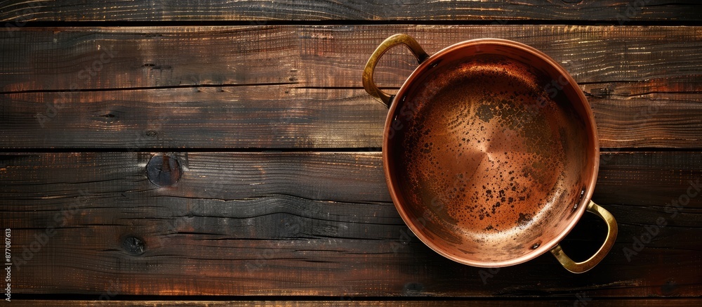 Poster top-down view of a copper pot on a dark wooden table with copy space image.