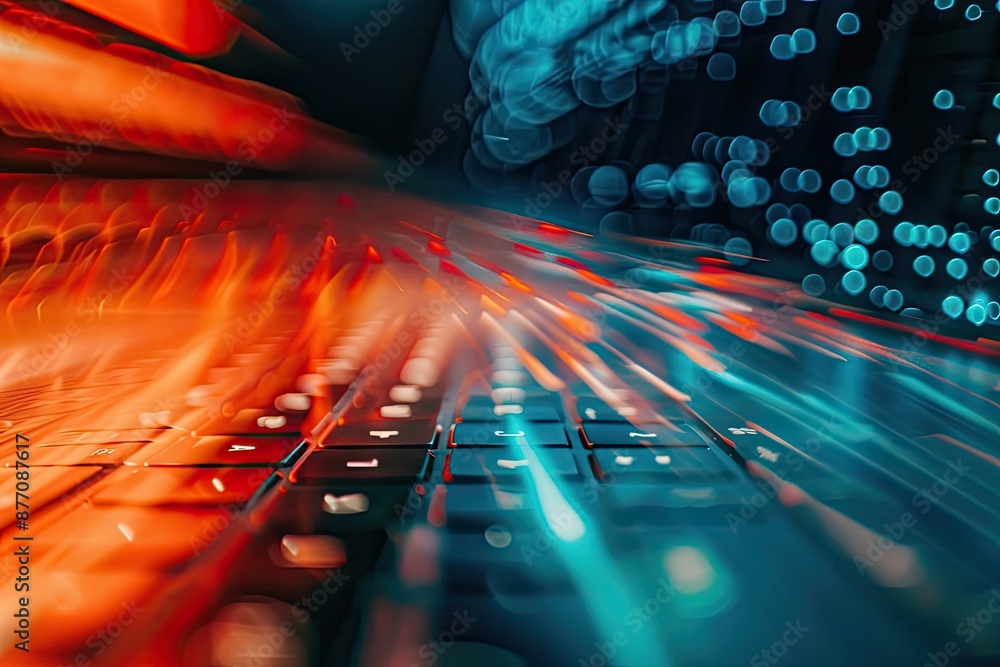 Poster abstract close-up of a keyboard with vibrant red and blue light trails, representing technology and 