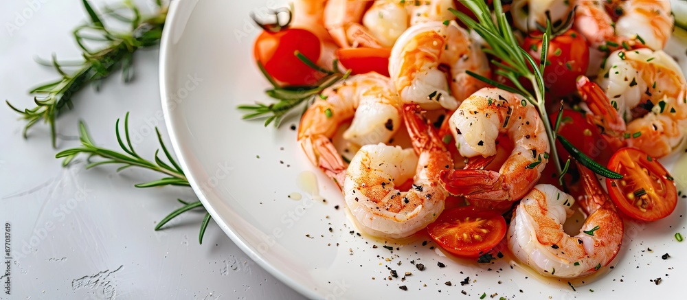 Poster fresh shrimp presented on a white plate with herb-infused tomatoes and rosemary. the backdrop featur