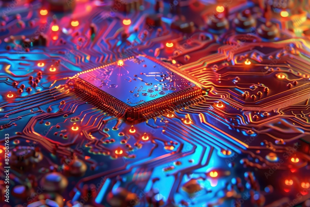 Poster close-up of a colorful, illuminated microchip on a motherboard, highlighting advanced technology and