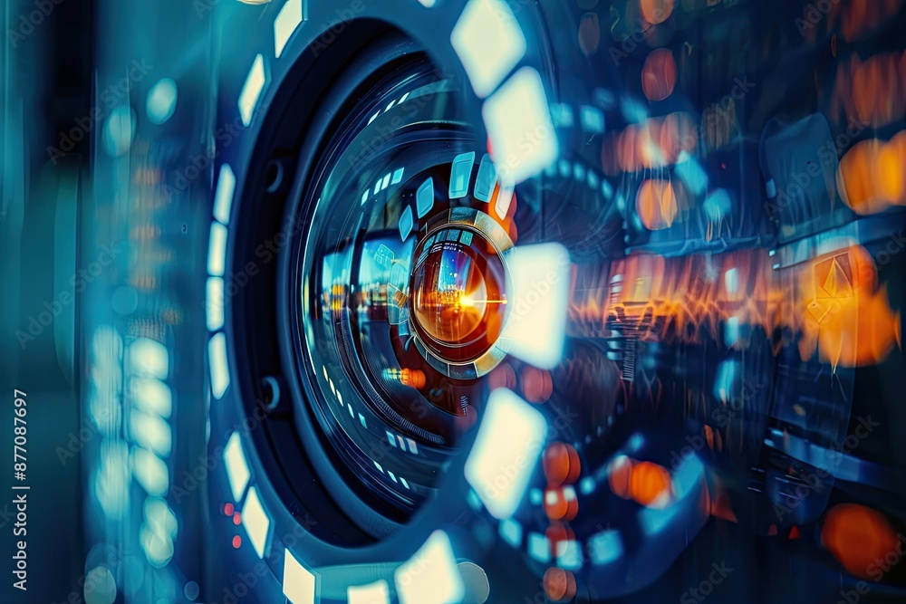 Poster close-up of futuristic technology interface with glowing lights, highlighting advanced digital syste