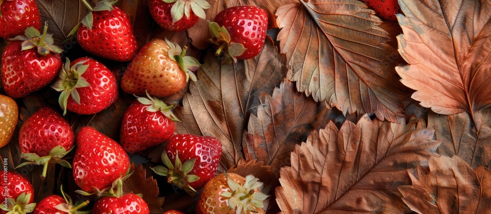 Poster Strawberries arranged on a backdrop of dry leaves with copy space image.