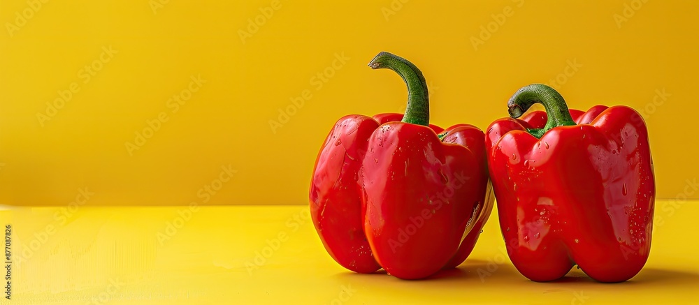 Poster ugly food on a yellow backdrop includes two ripe red bell peppers in the photo with copy space image