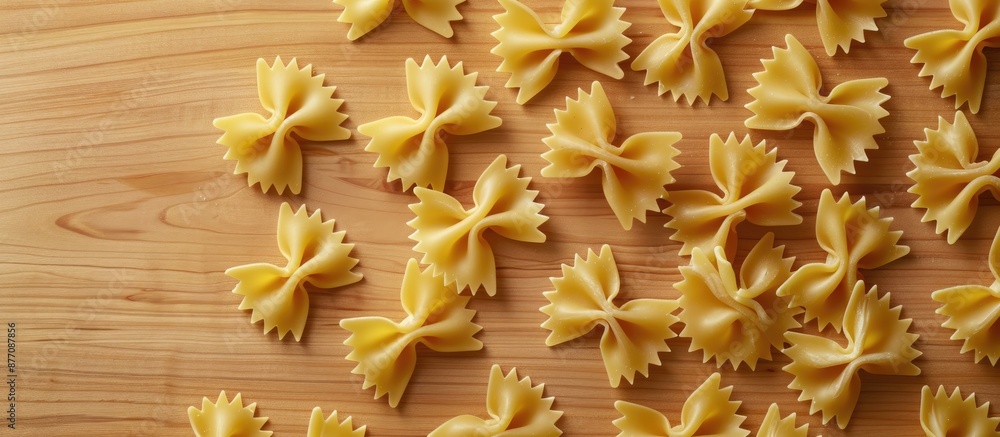 Poster Top-down view of bow tie pasta on a wooden surface, featuring a background with enough space for additional content or imagery.