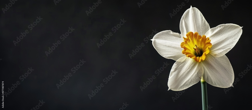 Poster white daffodil on a black background, creating contrast with copy space image.