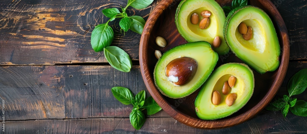 Poster top view of a nutritious vegetarian avocado breakfast displayed on dark wood, depicting a concept of