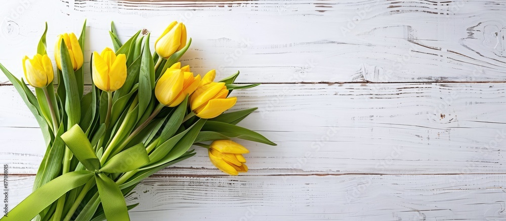 Aufkleber spring-themed bouquet of yellow tulips with a green ribbon, displayed in a close-up portrait on a wh