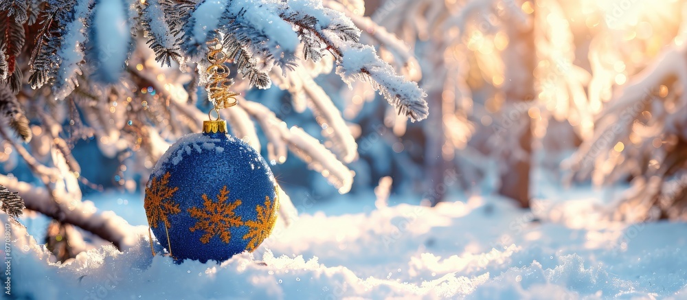 Aufkleber a blue and yellow christmas ball with tinsel is hanging on a real pine tree in a snow-covered forest