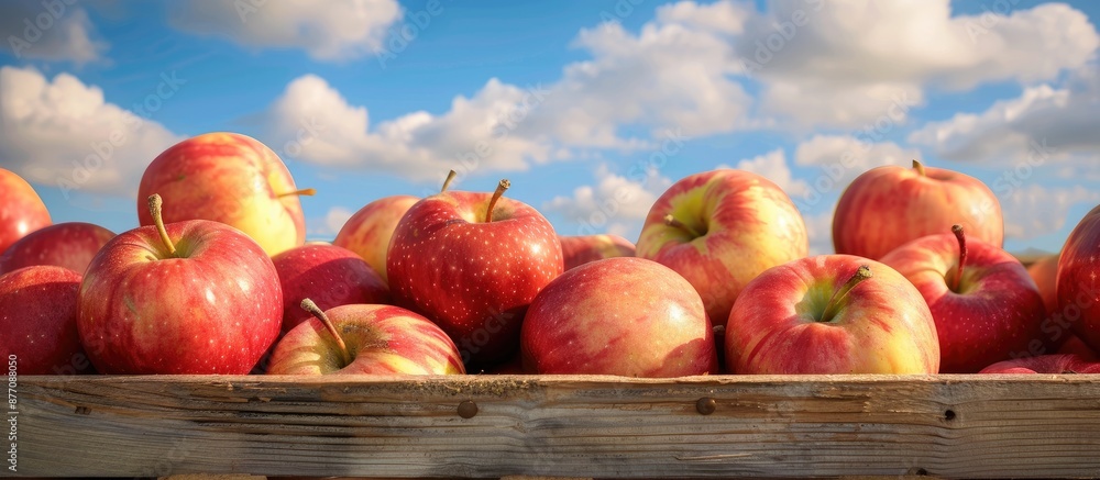 Poster braeburn apples arranged in a wooden crate against a scenic blue sky with clouds, creating a vibrant