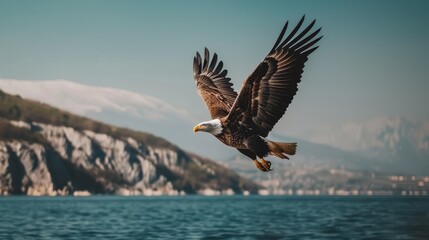Obraz premium A bald eagle soars above a body of water, with a mountain range visible in the background