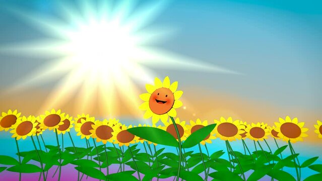 Sunrise till sunset scene with smiling cartoon sunflowers