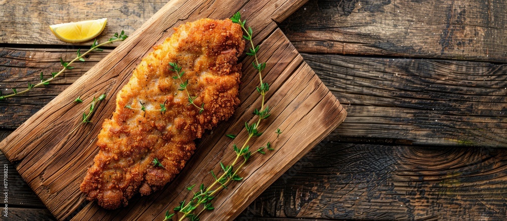 Poster View from above of a fresh Wiener schnitzel with breadcrumbs on a wooden board, garnished with thyme on a rustic wooden surface, displaying copy space image.