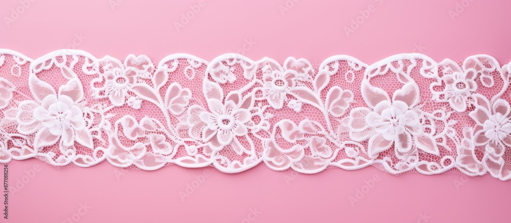 Poster top view of white lace on a pink background with copy space image for text.