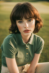 Fototapeta premium A woman with brown hair and a green shirt is sitting on the grass