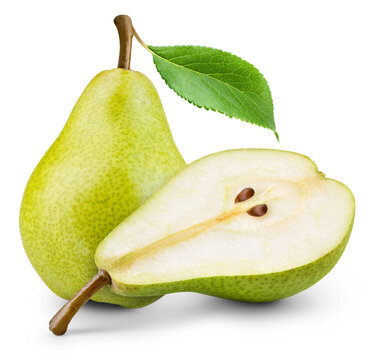 Pear with leaf isolated png. Green pear with a half on transparent background. PNG format. Pear with slice no background. Full depth of field.