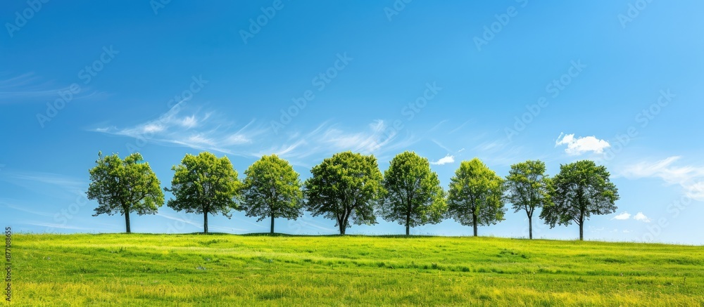 Poster scenic view of a meadow with a row of trees under a sunny blue sky, ideal for a copy space image.