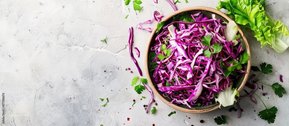 Poster crunchy shredded cabbage mix with fresh greens for an appealing dish with copy space image.