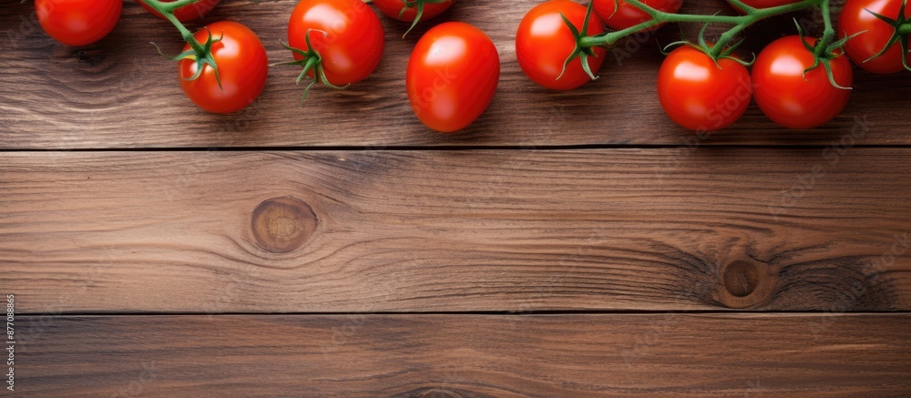 Poster cherry tomatoes placed on a wooden table with a clear space in the image, shot from above.