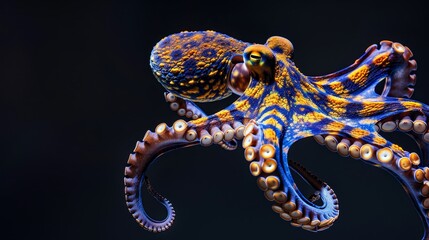 Obraz premium A blue-orange octopus sits atop a wooden base against a black backdrop Its tentacles encircle a yellow-blue octopus in their midst