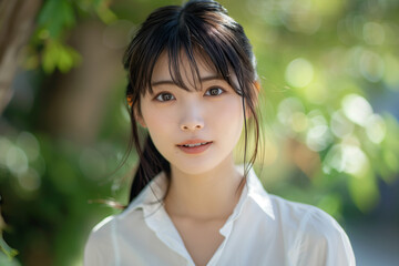 白いシャツを着たカメラ目線の若い女性