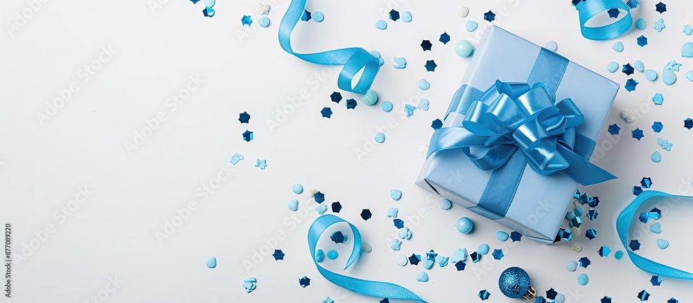 Poster blue themed birthday concept for a boy with a gift box placed on a white background in a top view fr
