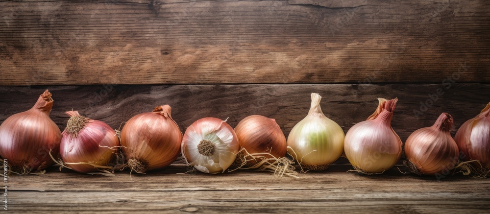 Poster onions arranged on a rustic wooden table with a weathered look, surrounded by a copy space image.