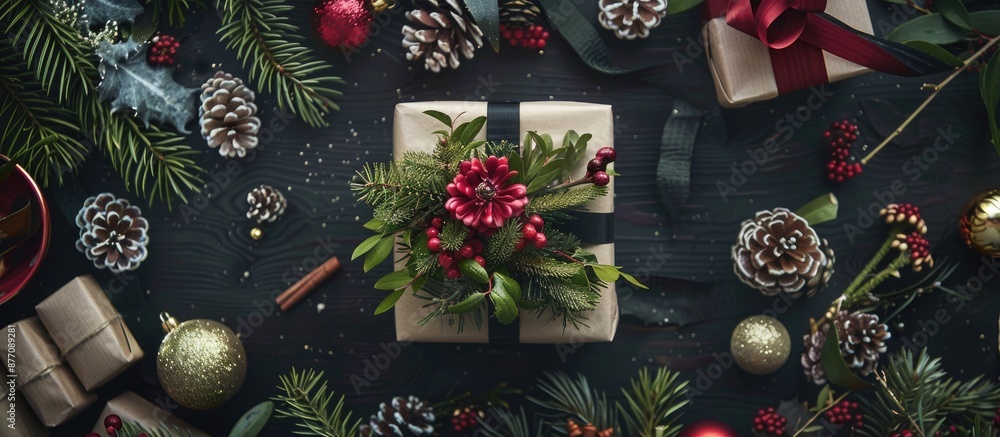 Fototapete Flat lay view of a Christmas-themed arrangement with a present. A top-down perspective showcases the design with room for additional elements in the image.
