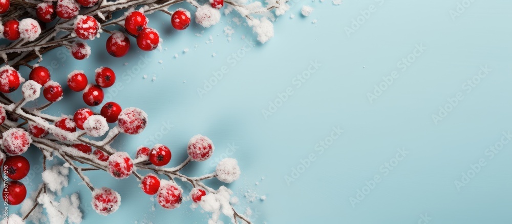 Poster A festive winter scene with a snowflake and red berry frame on a soft blue backdrop, symbolizing Christmas and New Year. View from above with space for text or images